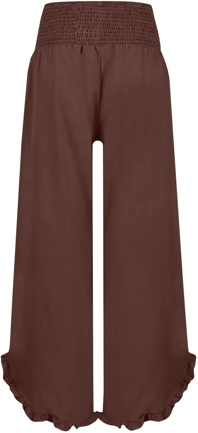 Linen Pants for Women baggysummer high Waisted Ruffle Hem Pants Trendy Elastic Wide Leg Solid Pocket Trousers Fashion