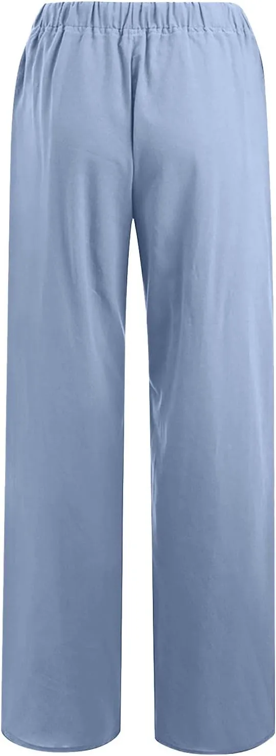 Linen Pants Women Summer 2024 Wide Leg Casual Loose Pant Drawstring High Waist Palazzo Pants Trousers with Pockets