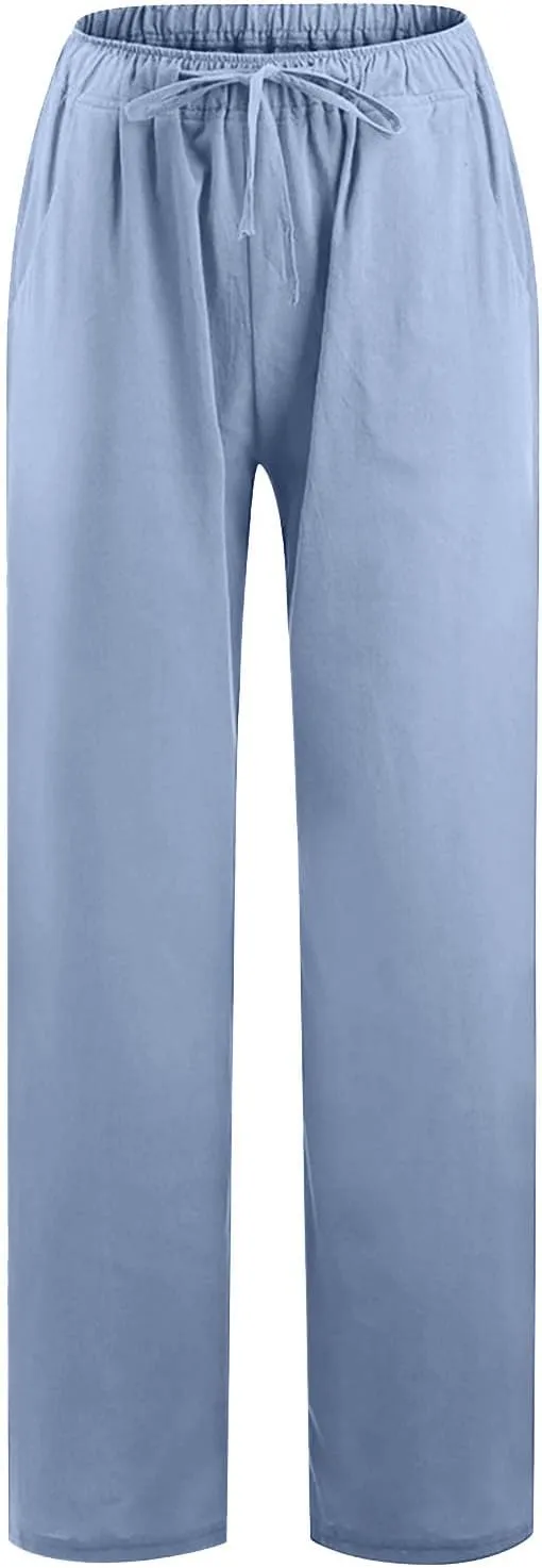 Linen Pants Women Summer 2024 Wide Leg Casual Loose Pant Drawstring High Waist Palazzo Pants Trousers with Pockets