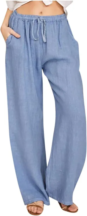 Linen Pants Women Summer 2024 Wide Leg Casual Loose Pant Drawstring High Waist Palazzo Pants Trousers with Pockets