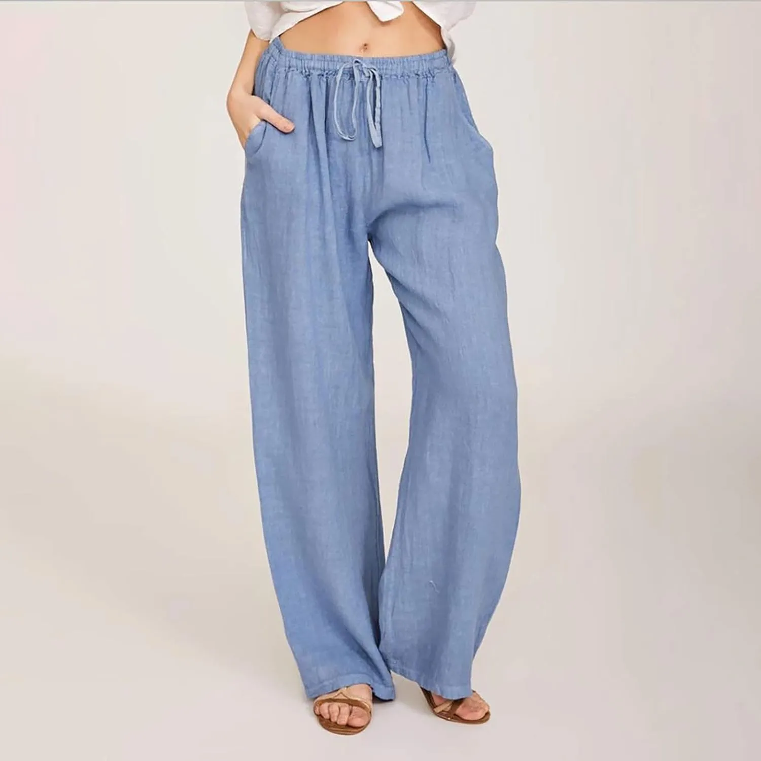 Linen Pants Women Summer 2024 Wide Leg Casual Loose Pant Drawstring High Waist Palazzo Pants Trousers with Pockets