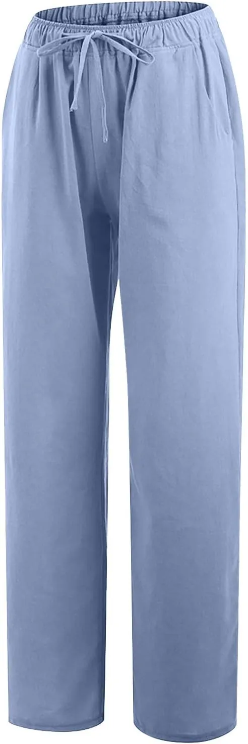 Linen Pants Women Summer 2024 Wide Leg Casual Loose Pant Drawstring High Waist Palazzo Pants Trousers with Pockets