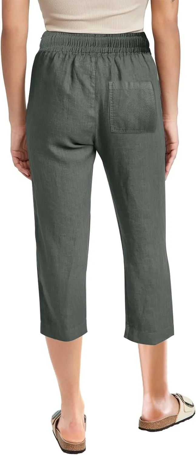 Linen Pants Women Summer Capri Pants Button Up Straight Leg Cropped Pants Elastic Waist Casual Pants Trousers Palazzo