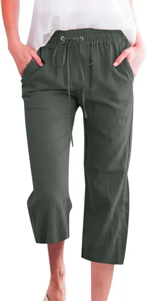 Linen Pants Women Summer Capri Pants Button Up Straight Leg Cropped Pants Elastic Waist Casual Pants Trousers Palazzo