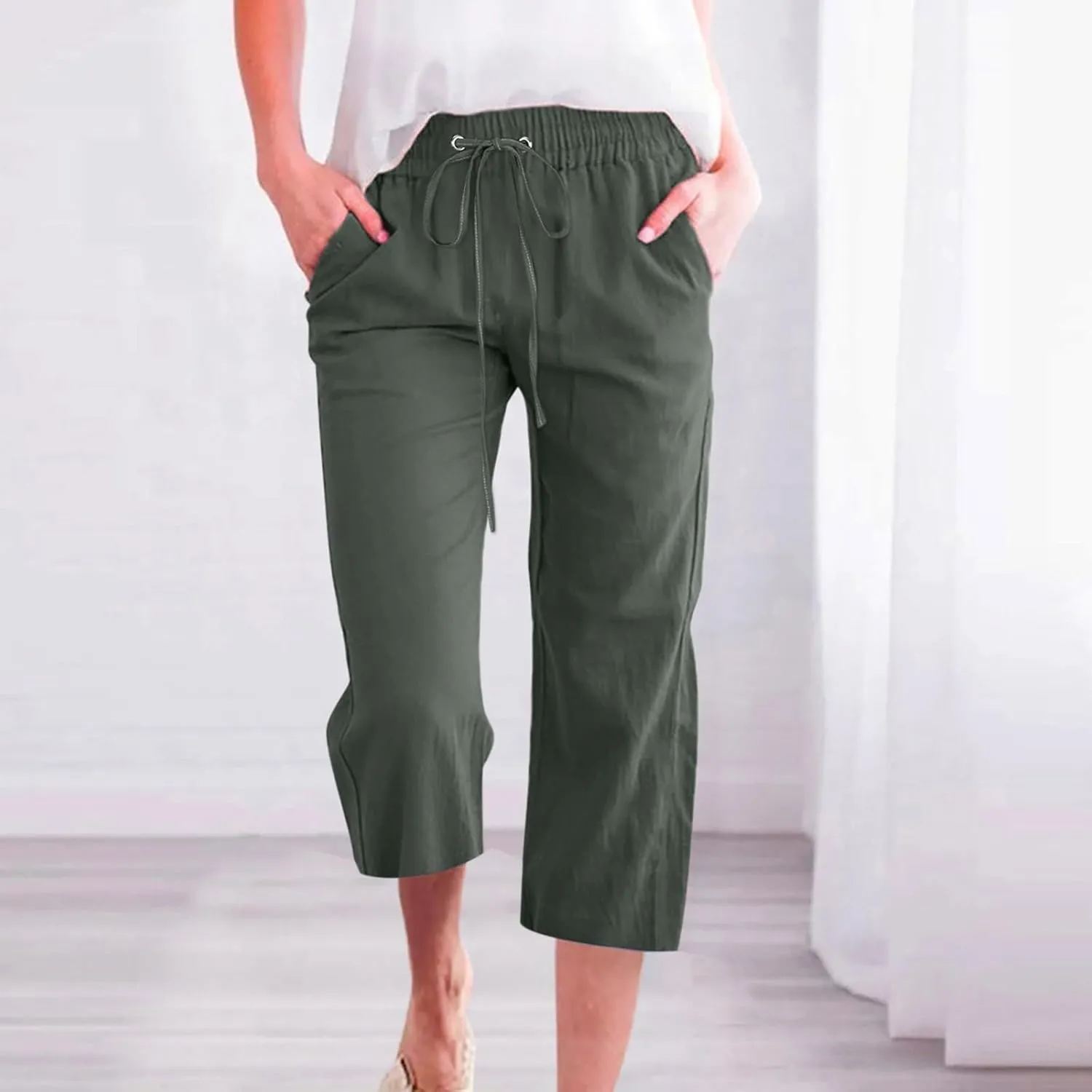 Linen Pants Women Summer Capri Pants Button Up Straight Leg Cropped Pants Elastic Waist Casual Pants Trousers Palazzo