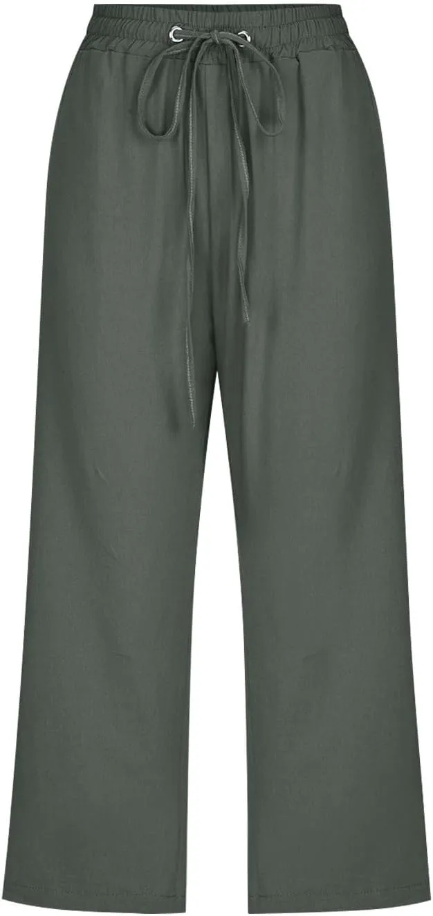 Linen Pants Women Summer Capri Pants Button Up Straight Leg Cropped Pants Elastic Waist Casual Pants Trousers Palazzo