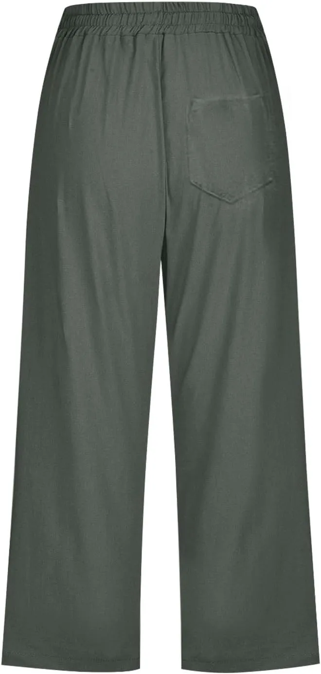 Linen Pants Women Summer Capri Pants Button Up Straight Leg Cropped Pants Elastic Waist Casual Pants Trousers Palazzo