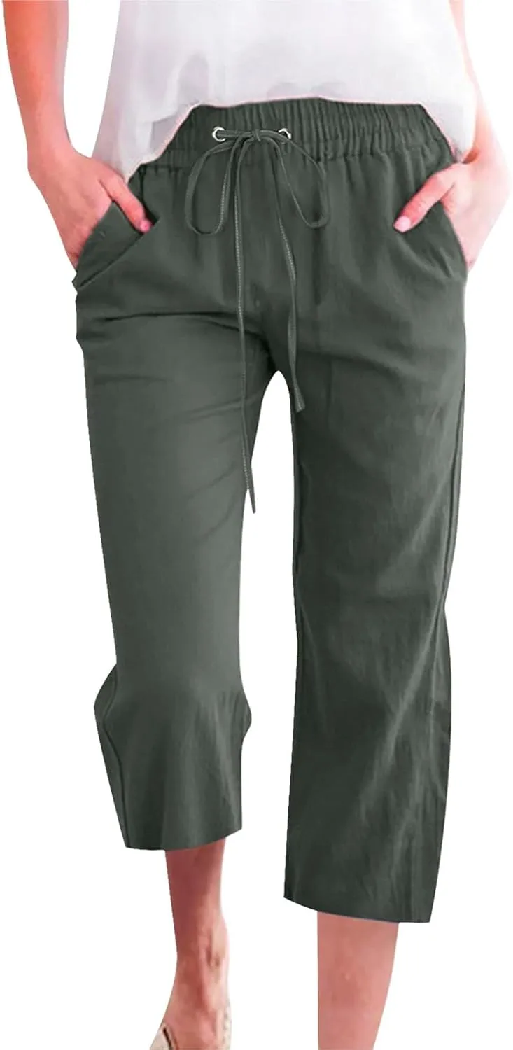 Linen Pants Women Summer Capri Pants Button Up Straight Leg Cropped Pants Elastic Waist Casual Pants Trousers Palazzo