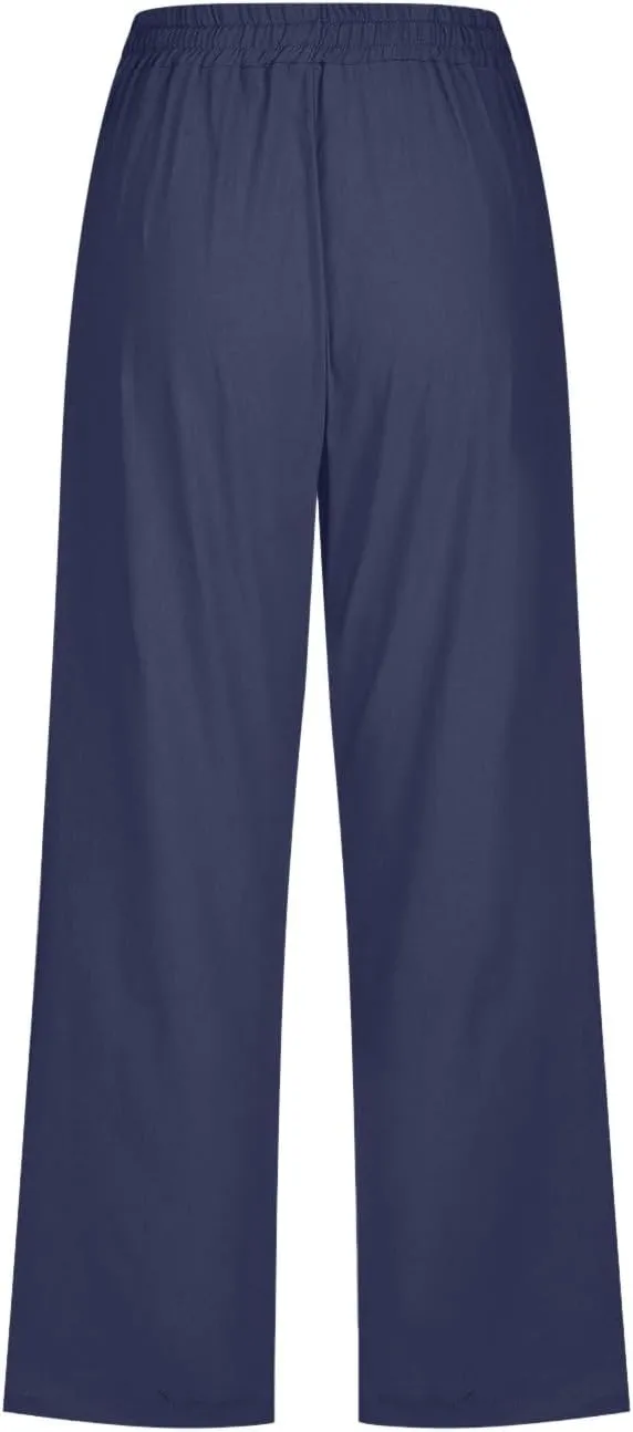 Linen Pants Women Summer Pants Elastic Waist Baggy Pants Drawstring Trousers with Pockets Cropped Pants Women Linen