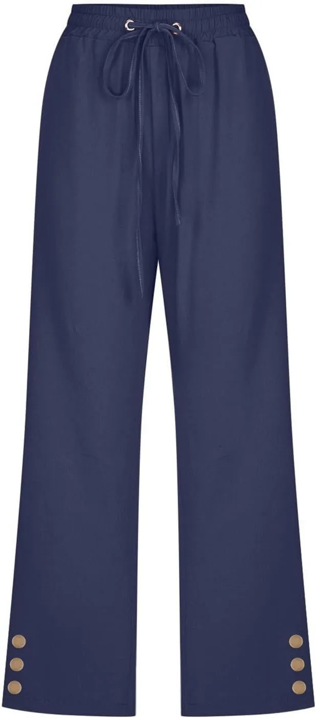 Linen Pants Women Summer Pants Elastic Waist Baggy Pants Drawstring Trousers with Pockets Cropped Pants Women Linen