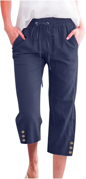 Linen Pants Women Summer Pants Elastic Waist Baggy Pants Drawstring Trousers with Pockets Cropped Pants Women Linen