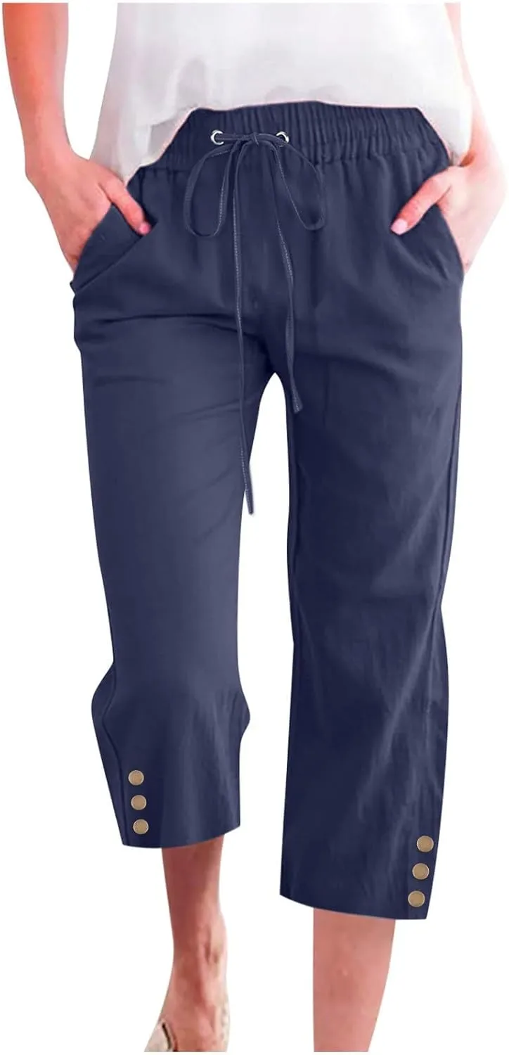 Linen Pants Women Summer Pants Elastic Waist Baggy Pants Drawstring Trousers with Pockets Cropped Pants Women Linen