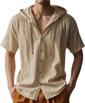 Linen Shirts for Men Button Down Short Sleeve Shirts Western Hooded Sun Shirts Lighweight Casual Loose Beach Top