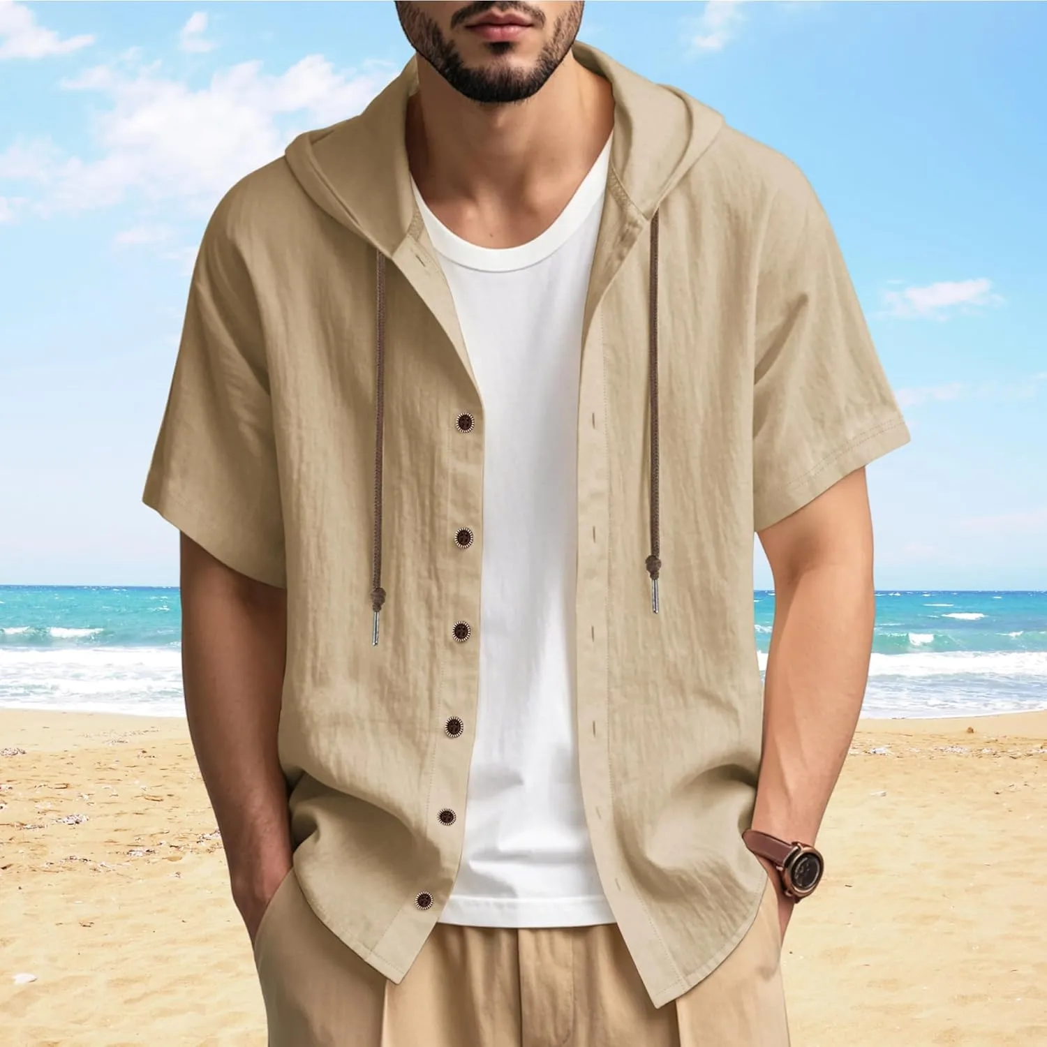Linen Shirts for Men Button Down Short Sleeve Shirts Western Hooded Sun Shirts Lighweight Casual Loose Beach Top