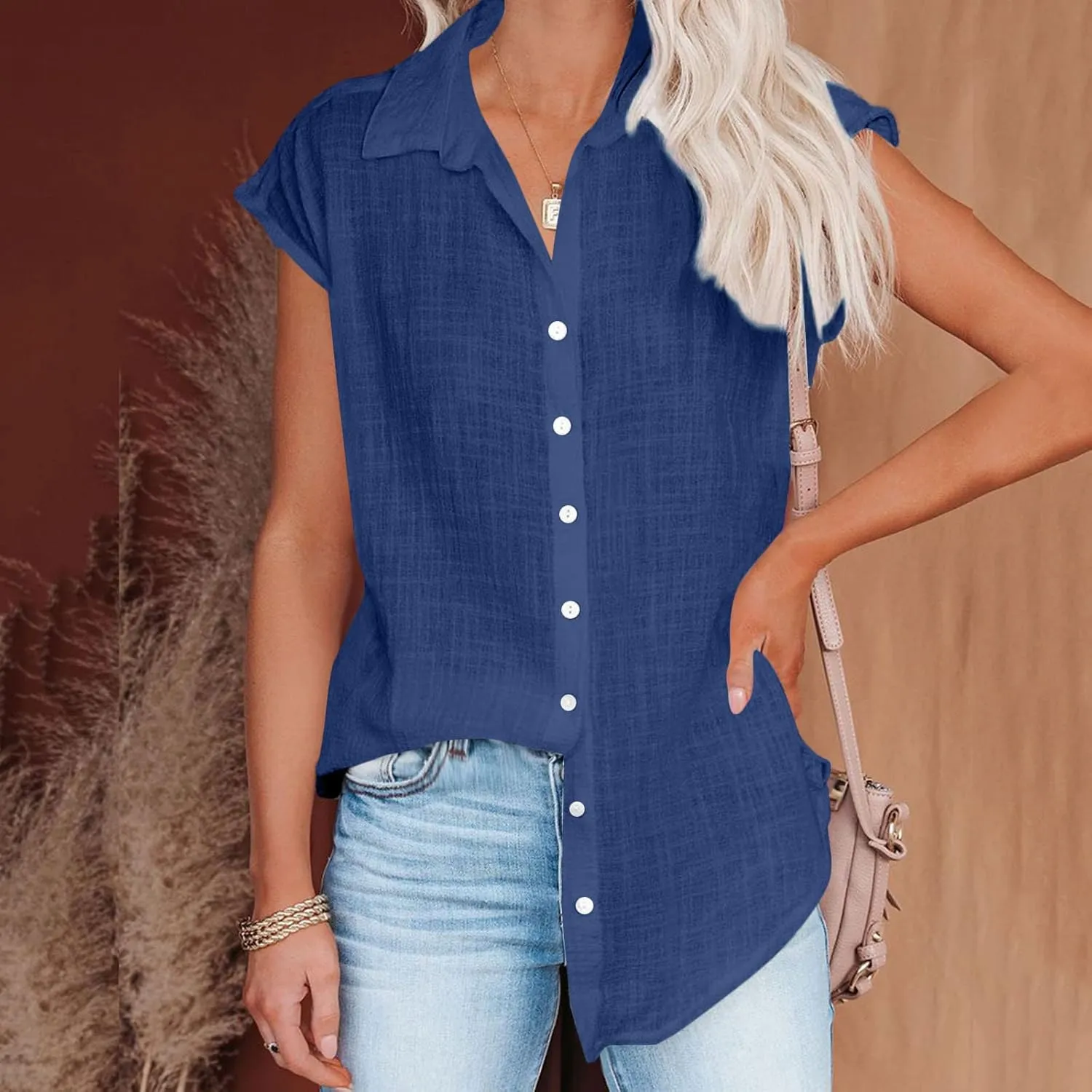 Linen Tops for Women Cap Sleeve Tops for Dressy Button Down Shirts Solid Color Blouse Slim Fit Shirts Tops