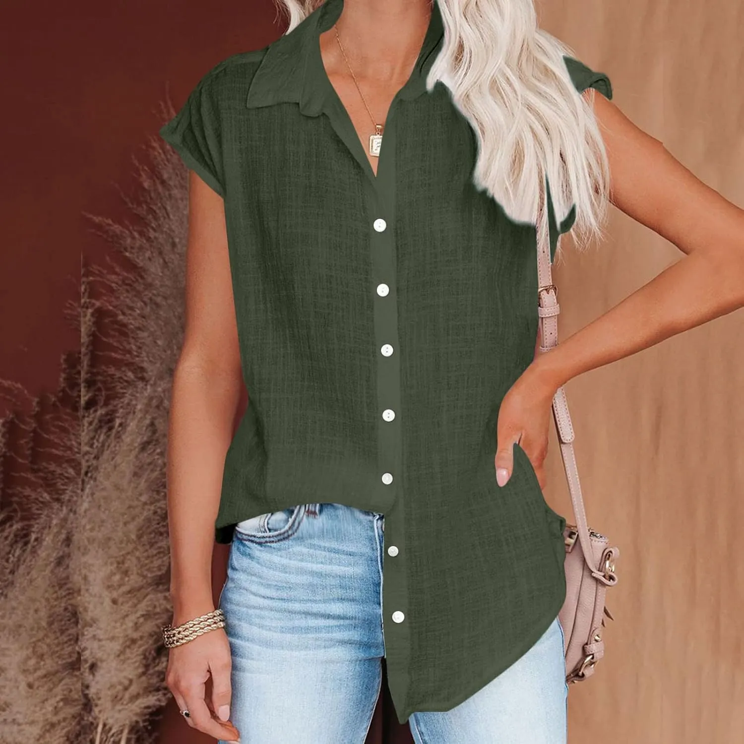 Linen Tops for Women Cap Sleeve Tops for Dressy Button Down Shirts Solid Color Blouse Slim Fit Shirts Tops