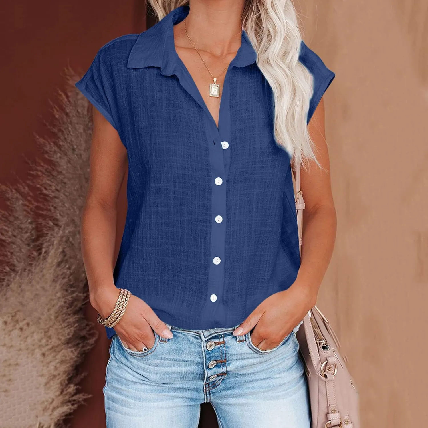 Linen Tops for Women Cap Sleeve Tops for Dressy Button Down Shirts Solid Color Blouse Slim Fit Shirts Tops