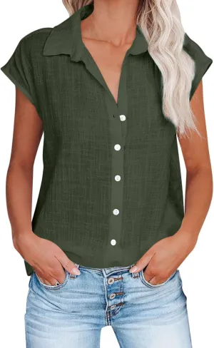 Linen Tops for Women Cap Sleeve Tops for Dressy Button Down Shirts Solid Color Blouse Slim Fit Shirts Tops