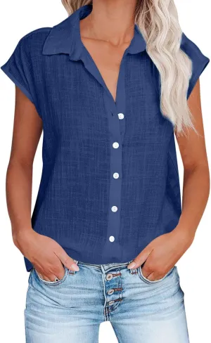 Linen Tops for Women Cap Sleeve Tops for Dressy Button Down Shirts Solid Color Blouse Slim Fit Shirts Tops