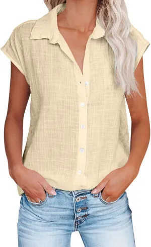 Linen Tops for Women Cap Sleeve Tops for Dressy Button Down Shirts Solid Color Blouse Slim Fit Shirts Tops
