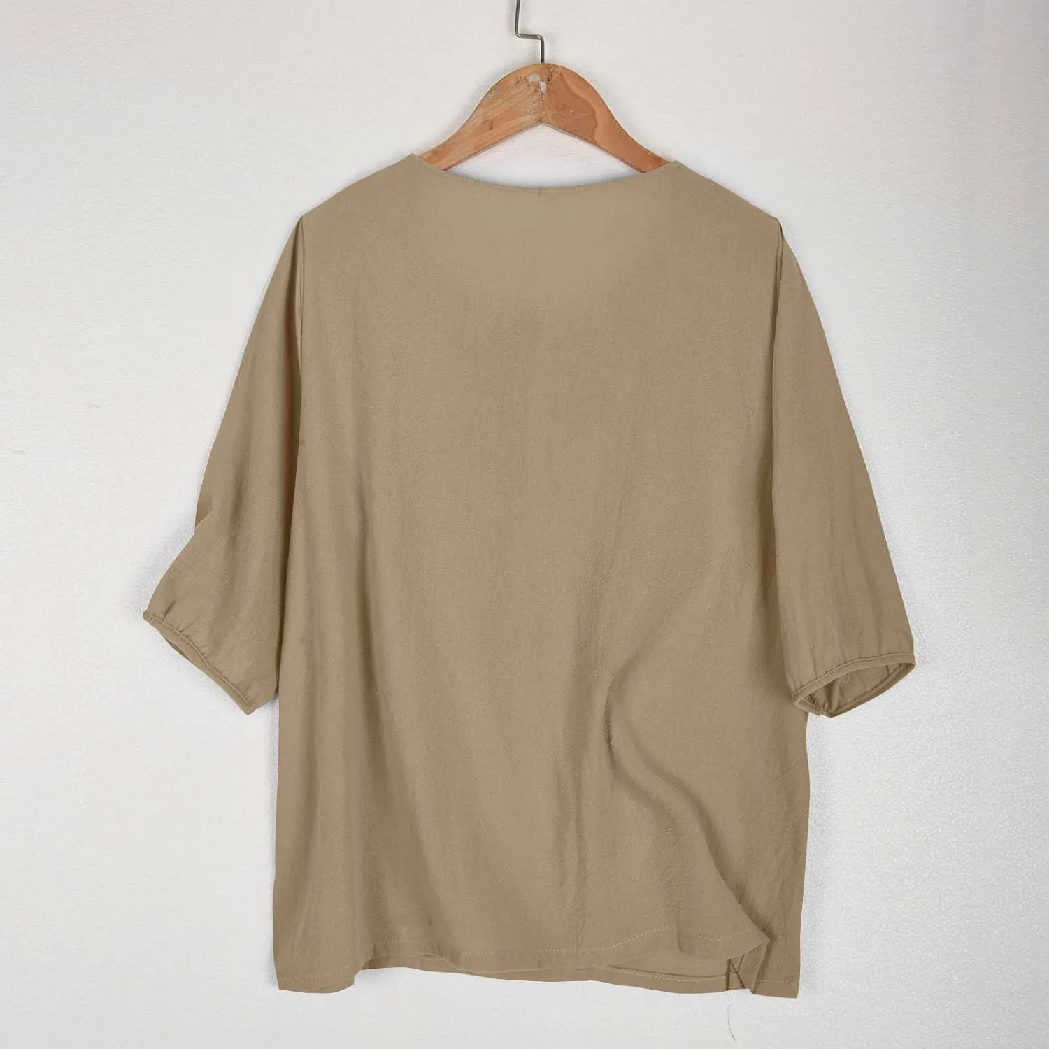 Lmdudan Cotton Linen Embroidered Tops for Women Peasant Shirt Boho Ethnic Style Mexican Blouse 3/4 Sleeve Button Tunic Tshirt