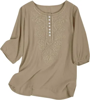 Lmdudan Cotton Linen Embroidered Tops for Women Peasant Shirt Boho Ethnic Style Mexican Blouse 3/4 Sleeve Button Tunic Tshirt