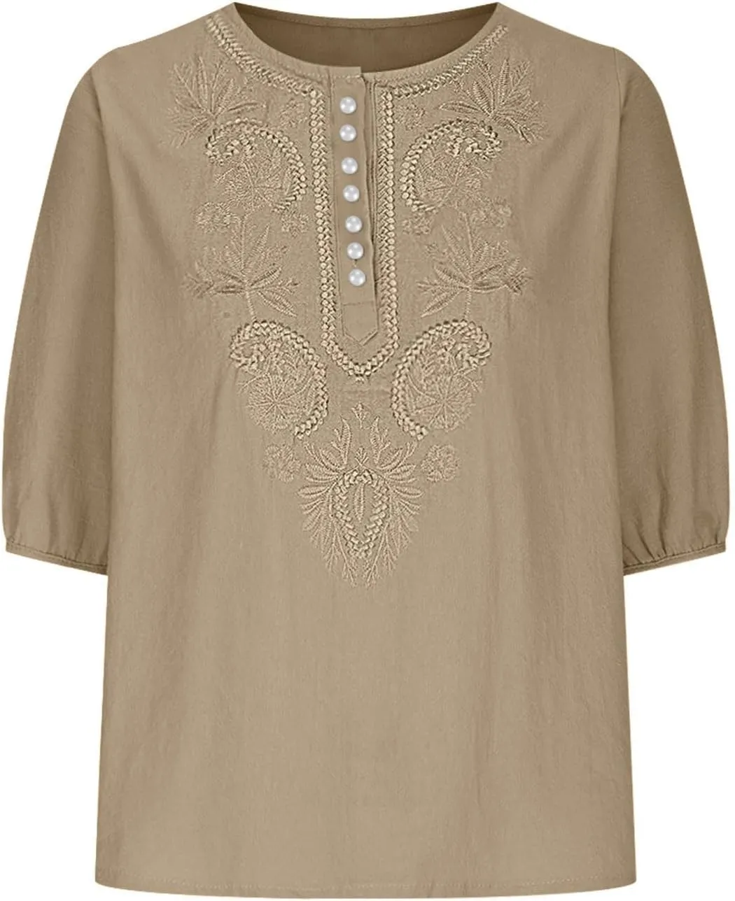 Lmdudan Cotton Linen Embroidered Tops for Women Peasant Shirt Boho Ethnic Style Mexican Blouse 3/4 Sleeve Button Tunic Tshirt