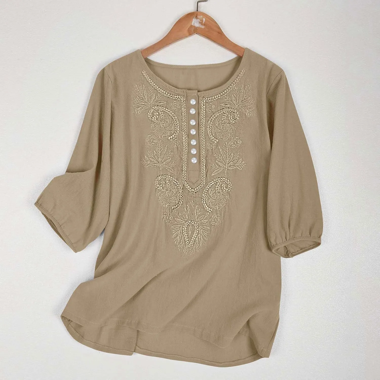 Lmdudan Cotton Linen Embroidered Tops for Women Peasant Shirt Boho Ethnic Style Mexican Blouse 3/4 Sleeve Button Tunic Tshirt