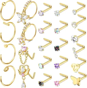 LOLIAS 24 PCS 20G Dangle Nose Rings for Women - Butterfly Flower Hoops, Colorful 2mm Small Studs, Trendy Piercing Jewelry