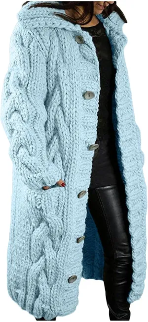 Long Cardigan for Women Long Sleeve Cable Knit Button Up Loose Plain Winter Hooded Trench Coat with Pocket Warm Overcoat