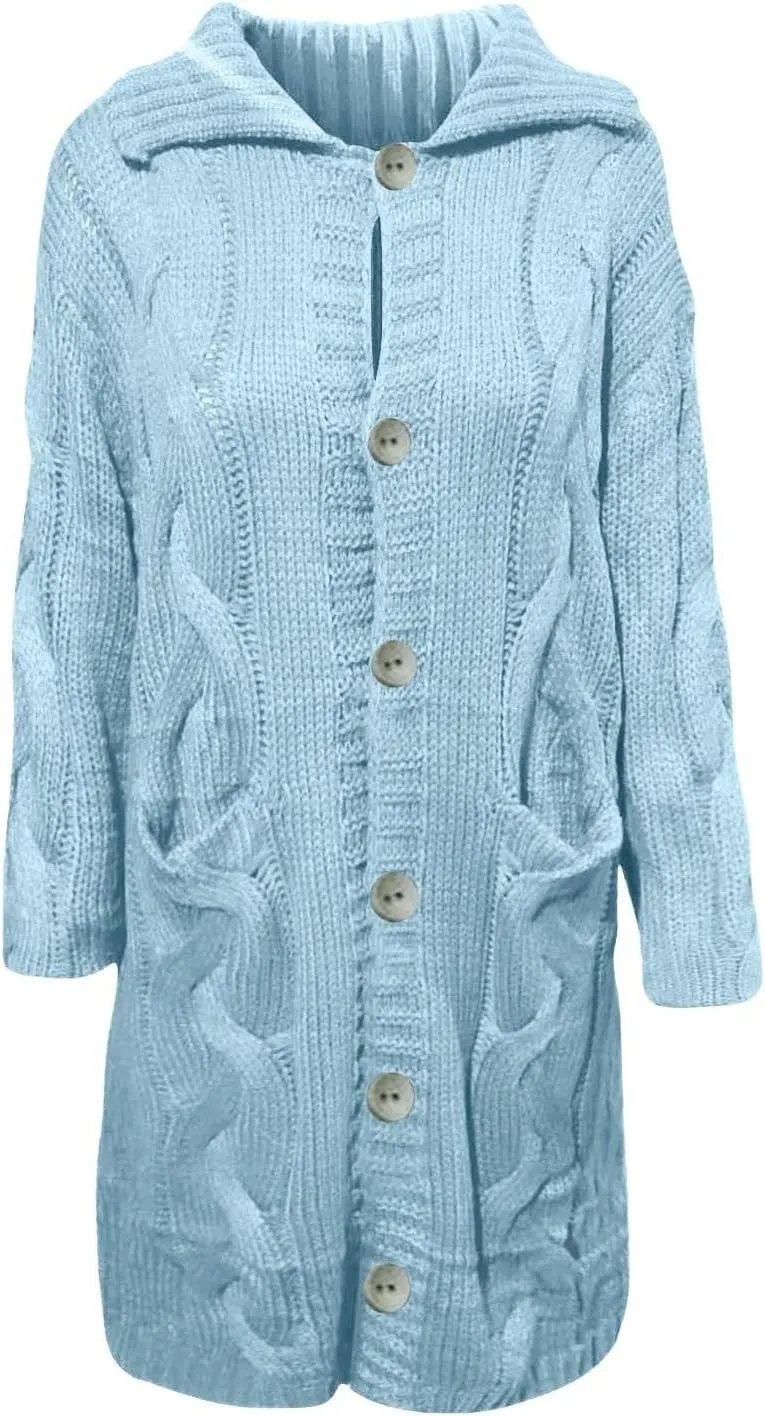 Long Cardigan for Women Long Sleeve Cable Knit Button Up Loose Plain Winter Hooded Trench Coat with Pocket Warm Overcoat