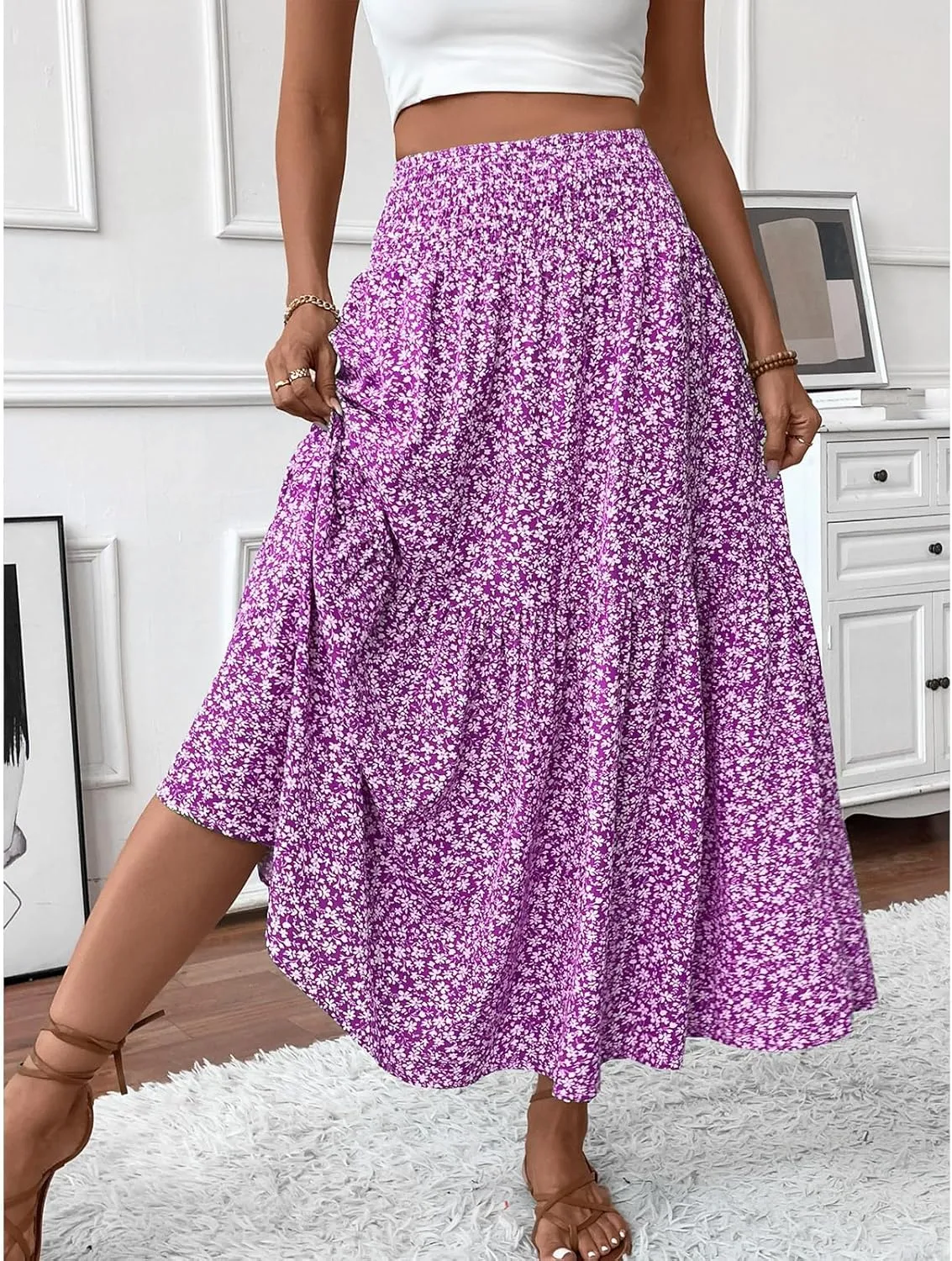 Long Flowy Skirts for Women Boho Chiffon Elastic High Waist Pleated A-Line Flared Maxi Skirt Summer Beach Skirts