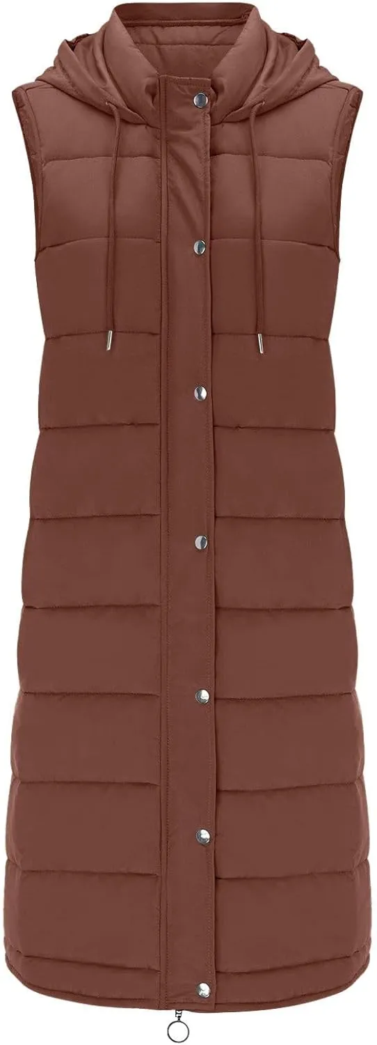 Long Puffer Vest Winter Coat Vest Hooded Sleeveless Warm Cotton Coat with Pockets Vest Cotton Quilted Down Hoodies
