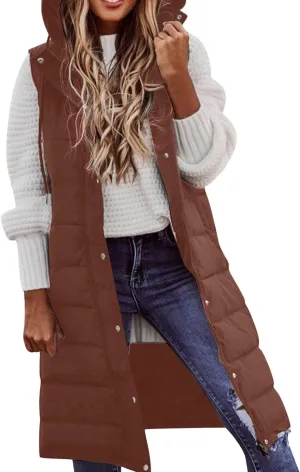 Long Puffer Vest Winter Coat Vest Hooded Sleeveless Warm Cotton Coat with Pockets Vest Cotton Quilted Down Hoodies