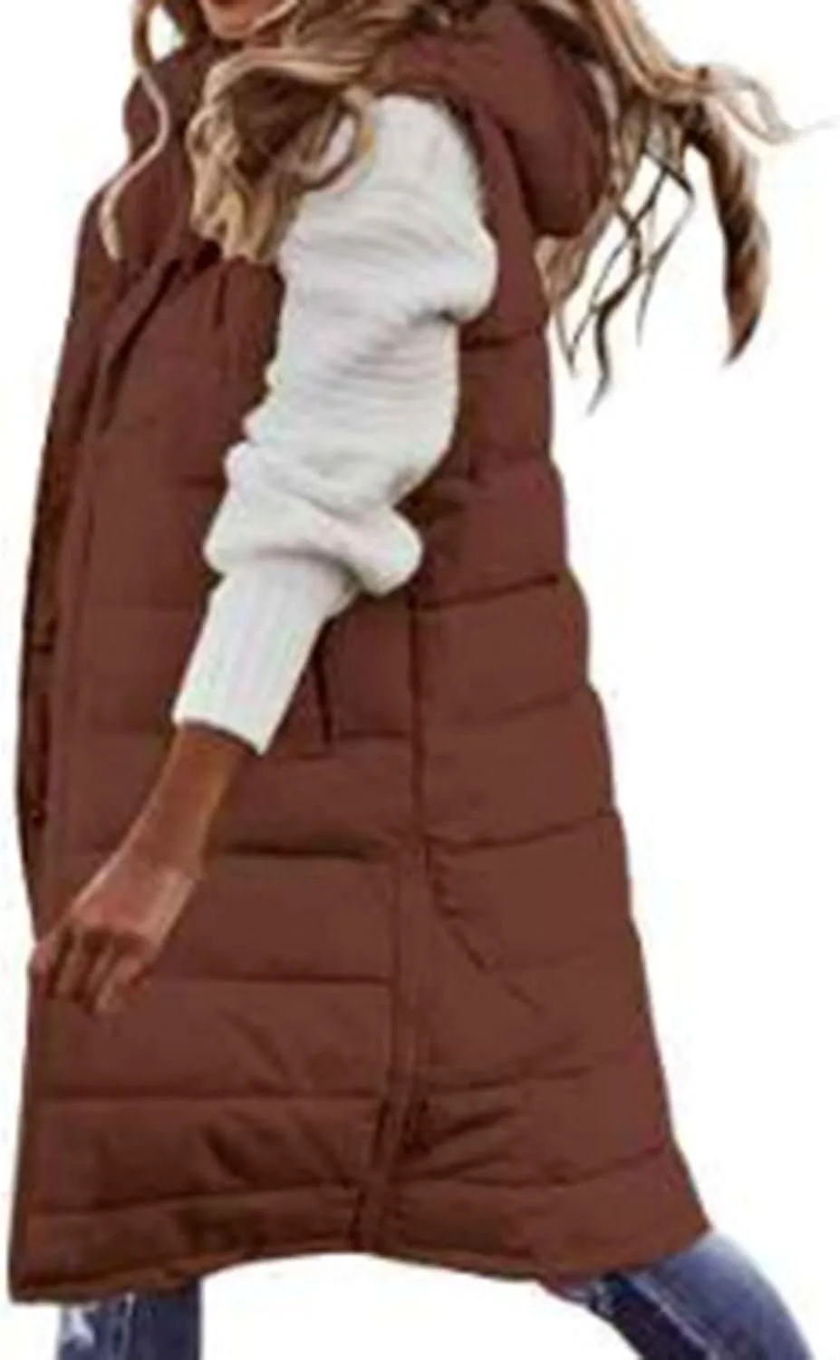 Long Puffer Vest Winter Coat Vest Hooded Sleeveless Warm Cotton Coat with Pockets Vest Cotton Quilted Down Hoodies