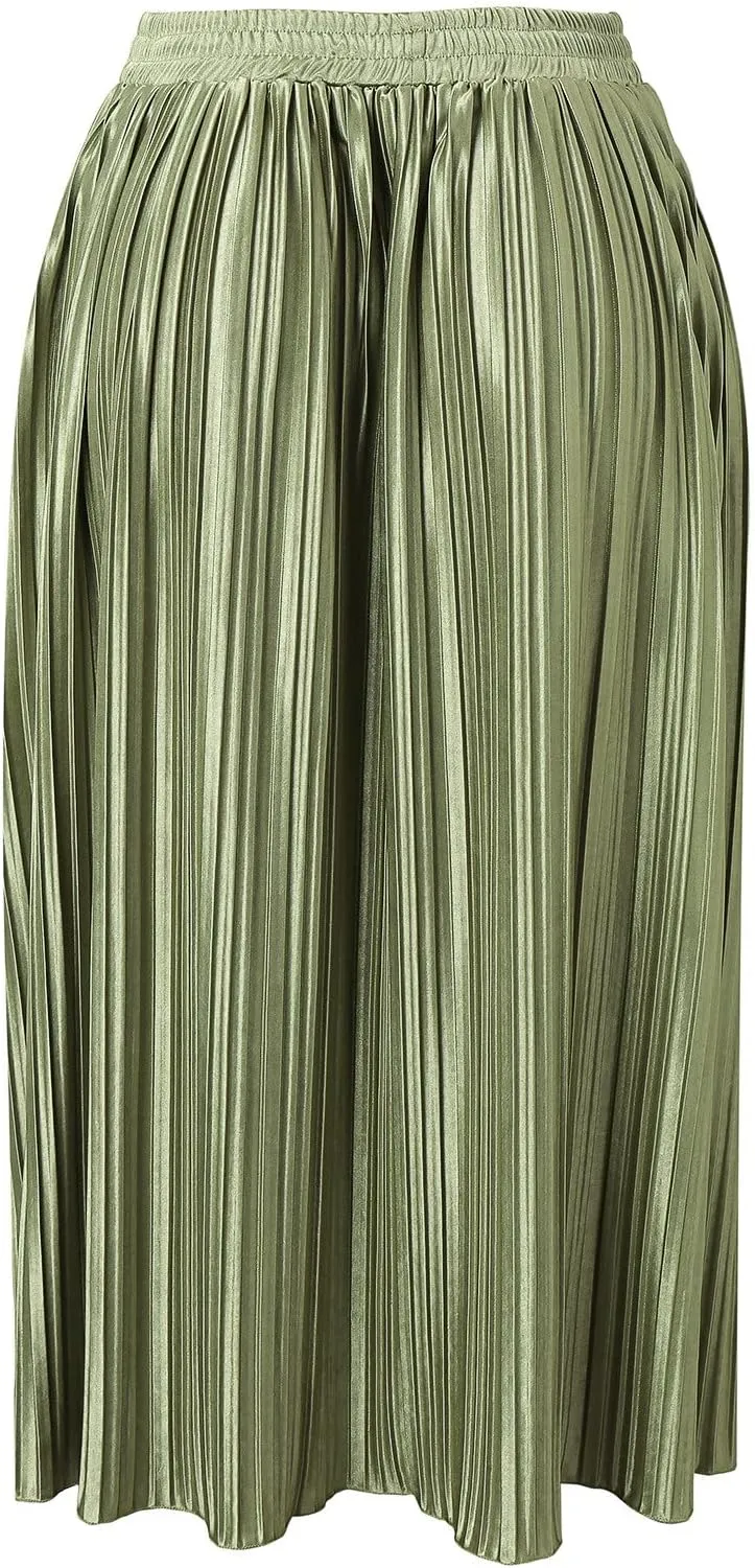 Long Skirts for Women Elastic Waist Party Shiny Accordion Pleated Midi Skirt Button Long Skirts for Women