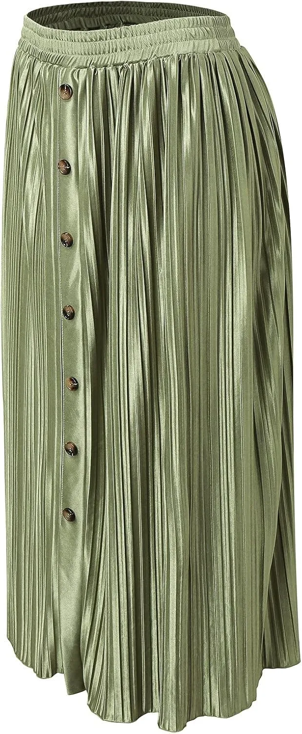 Long Skirts for Women Elastic Waist Party Shiny Accordion Pleated Midi Skirt Button Long Skirts for Women