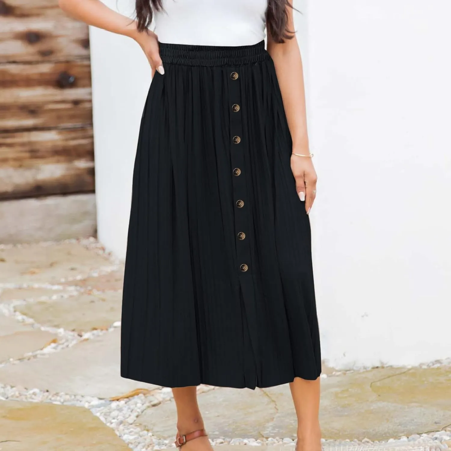 Long Skirts for Women Elastic Waist Party Shiny Accordion Pleated Midi Skirt Button Long Skirts for Women