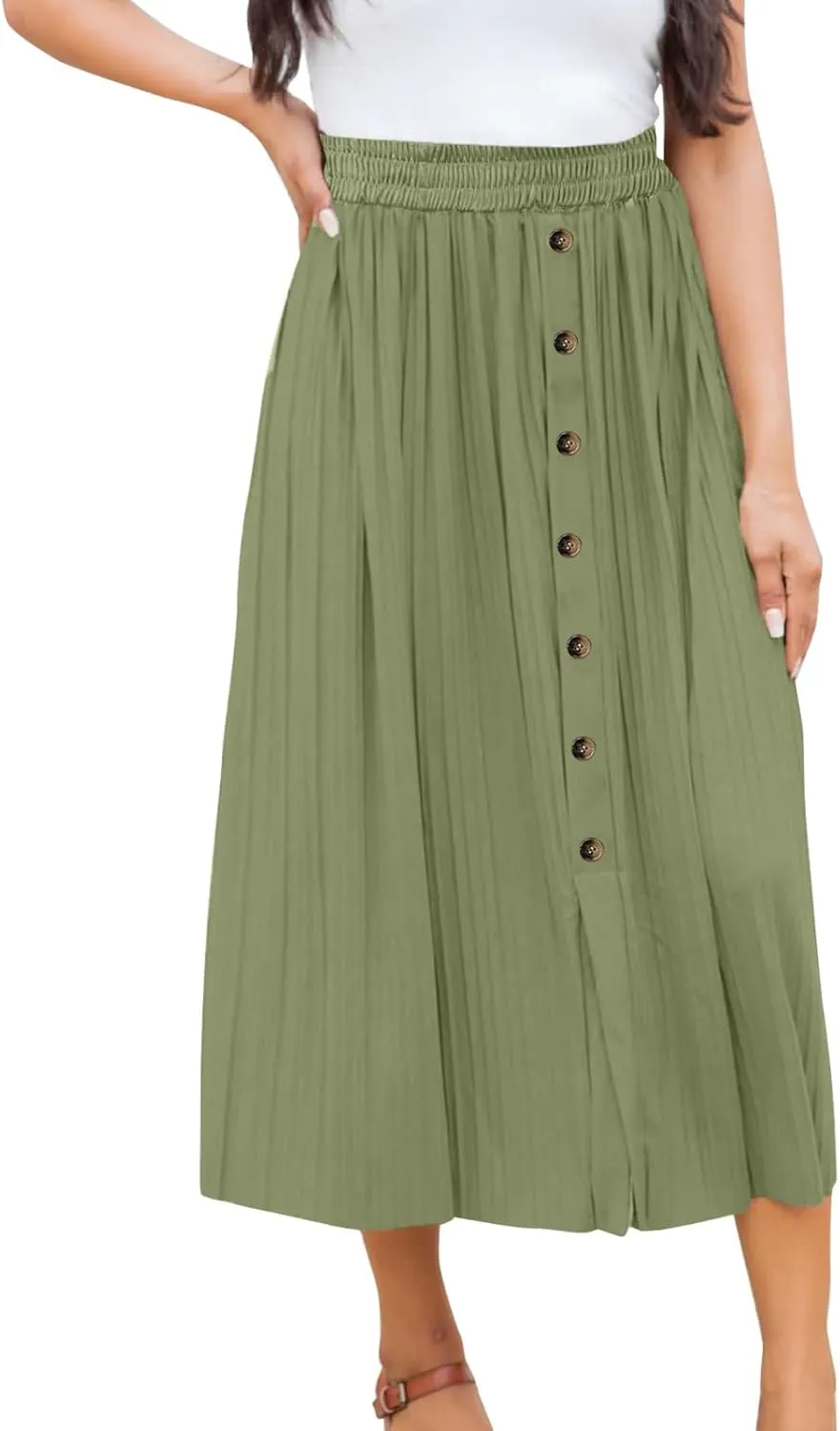 Long Skirts for Women Elastic Waist Party Shiny Accordion Pleated Midi Skirt Button Long Skirts for Women