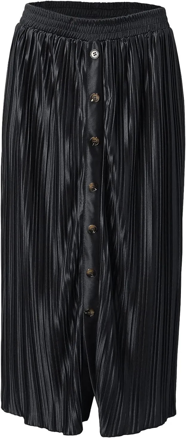 Long Skirts for Women Elastic Waist Party Shiny Accordion Pleated Midi Skirt Button Long Skirts for Women