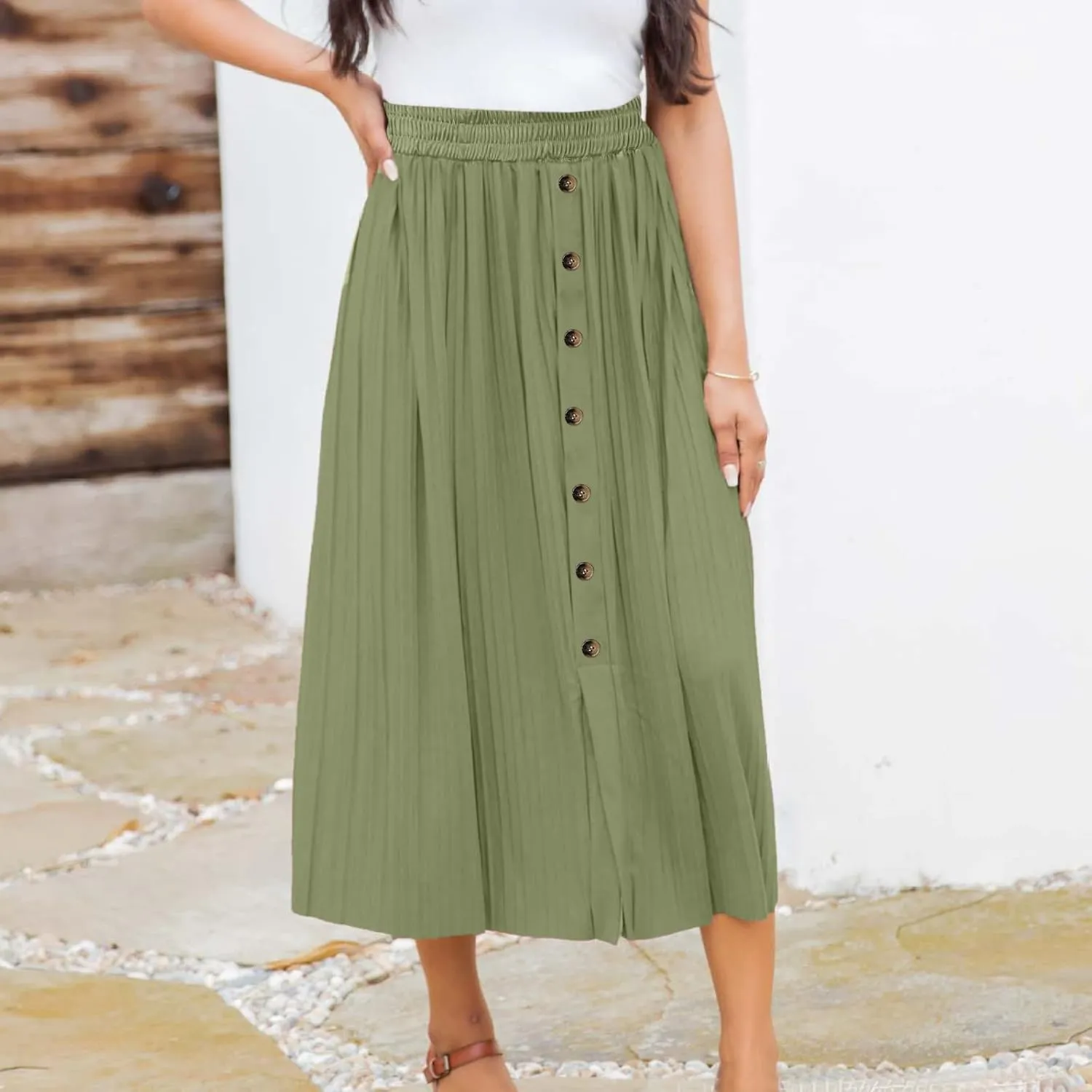 Long Skirts for Women Elastic Waist Party Shiny Accordion Pleated Midi Skirt Button Long Skirts for Women
