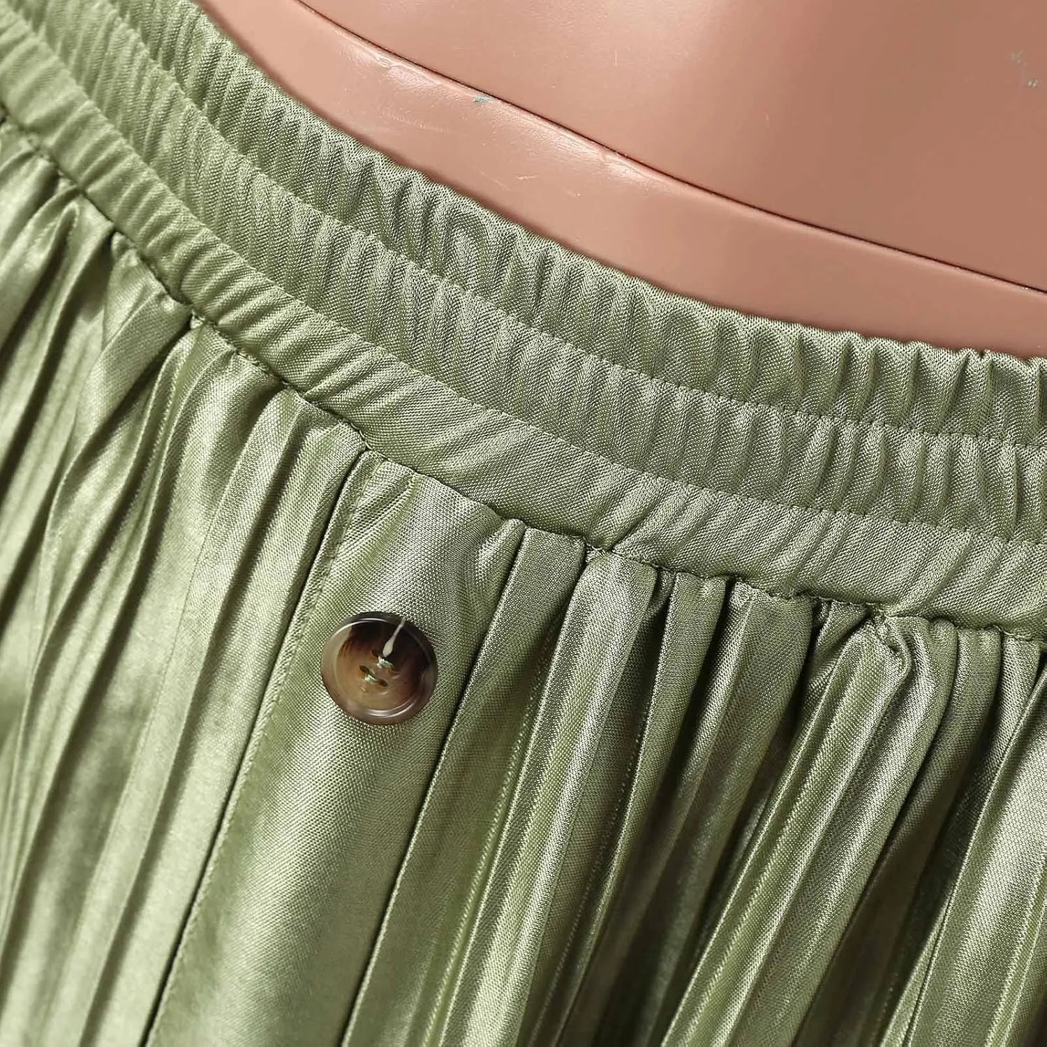Long Skirts for Women Elastic Waist Party Shiny Accordion Pleated Midi Skirt Button Long Skirts for Women