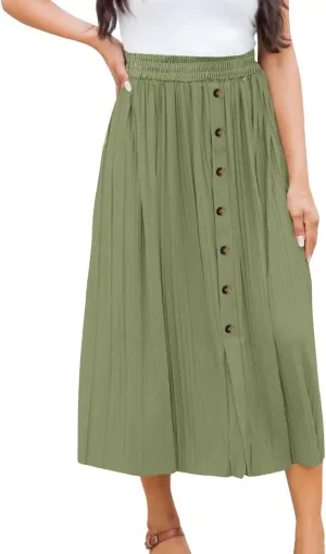 Long Skirts for Women Elastic Waist Party Shiny Accordion Pleated Midi Skirt Button Long Skirts for Women
