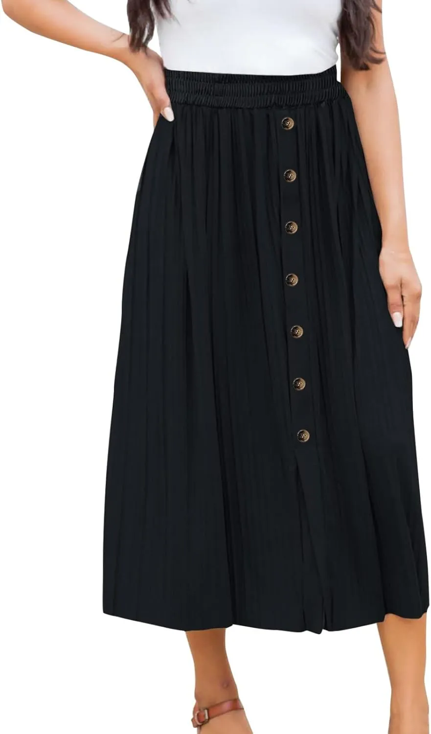 Long Skirts for Women Elastic Waist Party Shiny Accordion Pleated Midi Skirt Button Long Skirts for Women