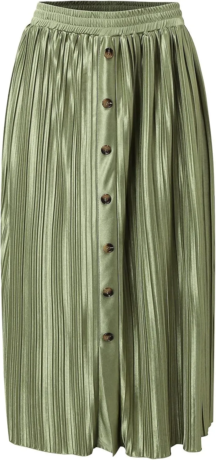 Long Skirts for Women Elastic Waist Party Shiny Accordion Pleated Midi Skirt Button Long Skirts for Women