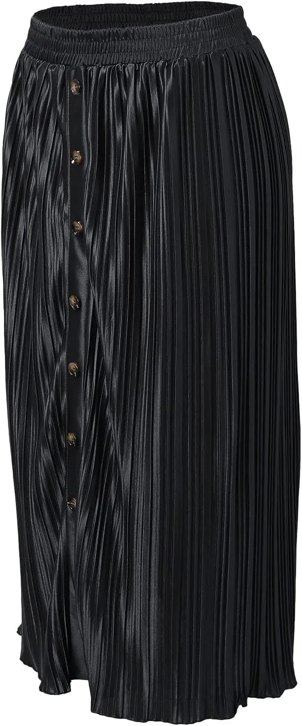 Long Skirts for Women Elastic Waist Party Shiny Accordion Pleated Midi Skirt Button Long Skirts for Women