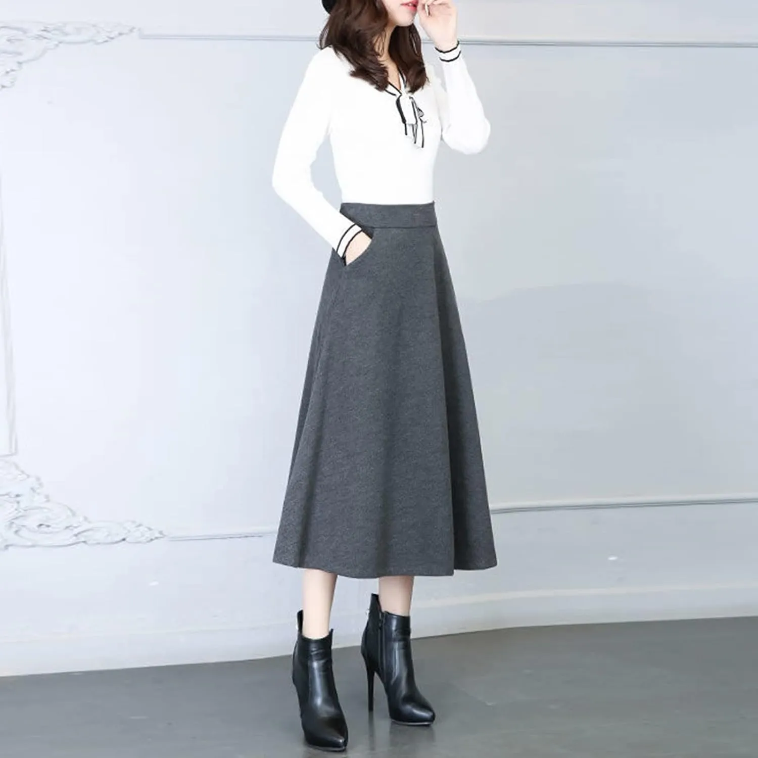 Long Skirts Womens Winter Vintage High Elastic Waist A Line Pleated Wool Midi Skirt Lady Elegant Skirts for Women