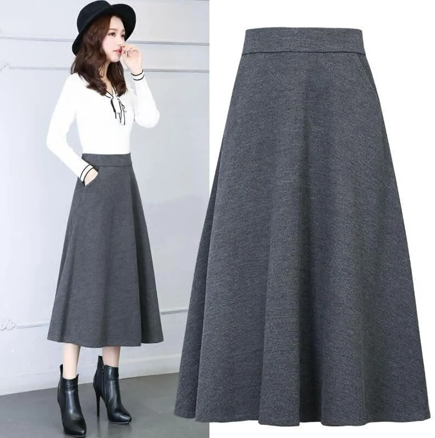 Long Skirts Womens Winter Vintage High Elastic Waist A Line Pleated Wool Midi Skirt Lady Elegant Skirts for Women