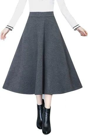 Long Skirts Womens Winter Vintage High Elastic Waist A Line Pleated Wool Midi Skirt Lady Elegant Skirts for Women