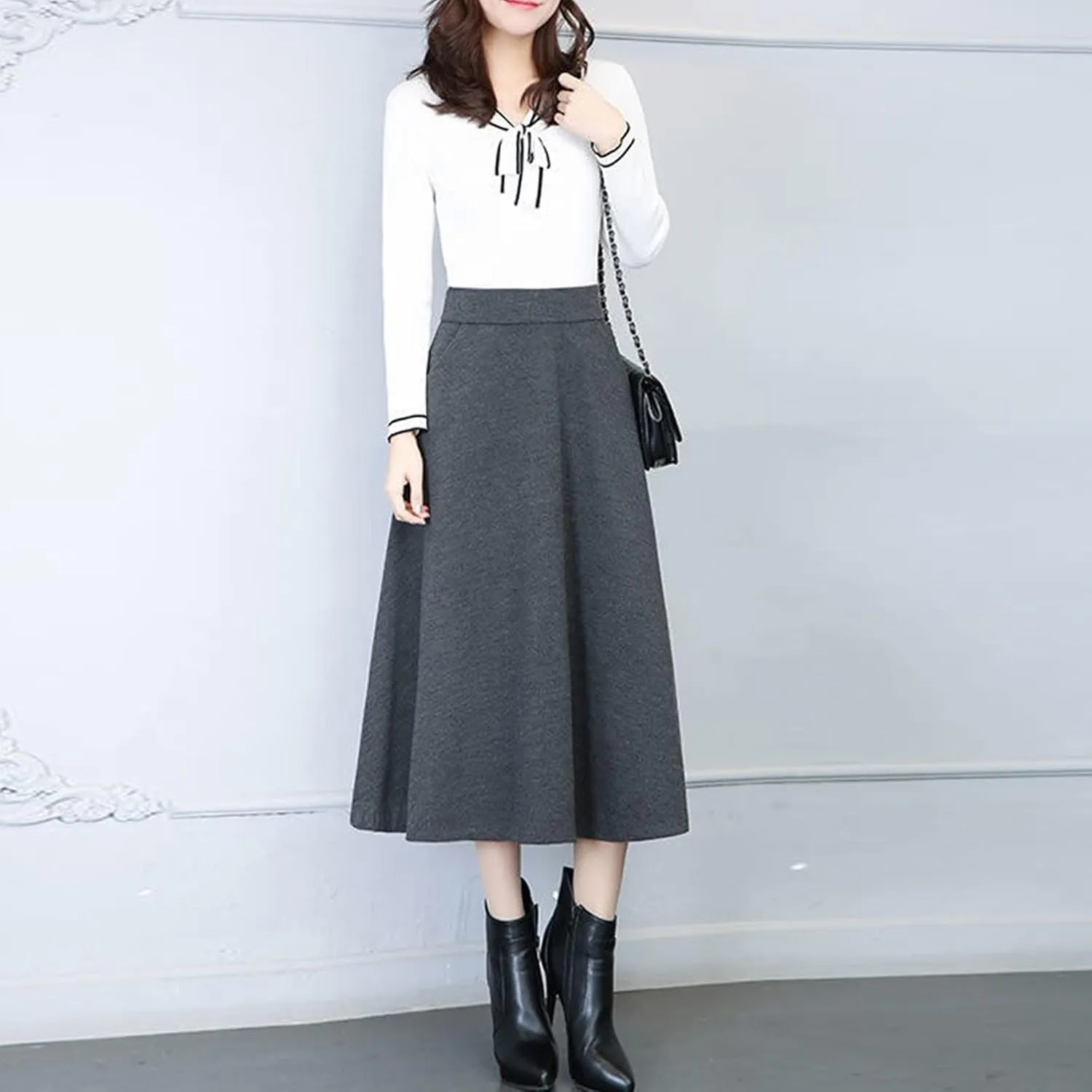 Long Skirts Womens Winter Vintage High Elastic Waist A Line Pleated Wool Midi Skirt Lady Elegant Skirts for Women